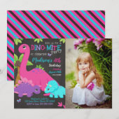 Girl Dinosaur Photo Birthday Invitation Dino Party 招待状 (正面/裏面)