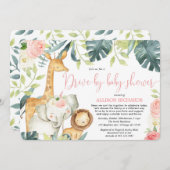 Girl Drive-by baby shower safari動物 招待状 (正面/裏面)