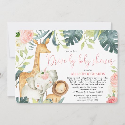 Girl Drive-by baby shower safari動物 招待状 (正面)
