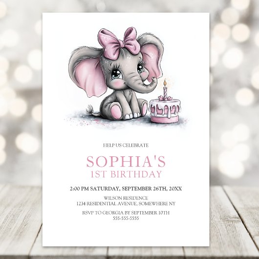 Girl Elephant 1st Birthday Party Invitation 招待状