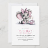 Girl Elephant 1st Birthday Party Invitation 招待状 (正面)