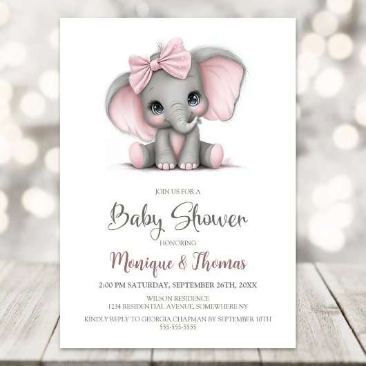 Girl Elephant Baby Shower Invitation 招待状