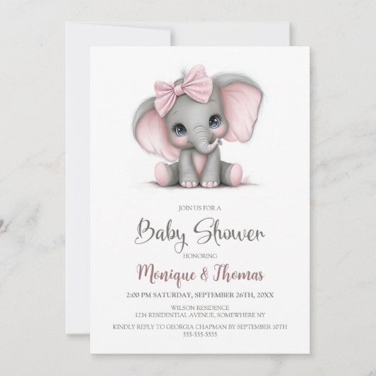 Girl Elephant Baby Shower Invitation 招待状 (正面)