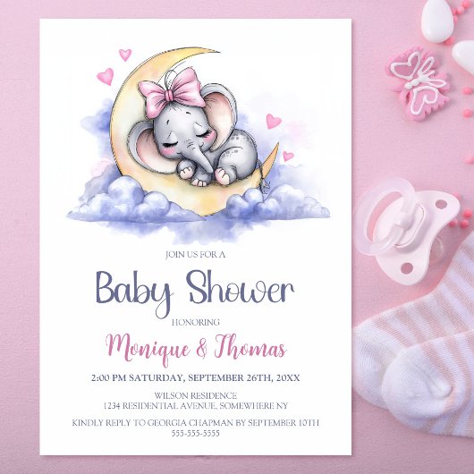 Girl Elephant Moon Baby Shower 招待状