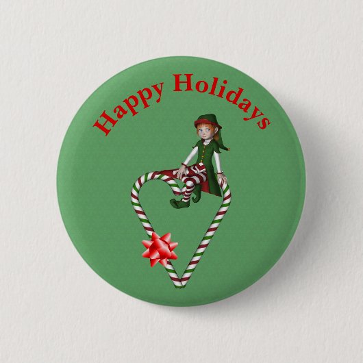 Girl Elf Candy Cane Heart Christmas Holiday  缶バッジ (正面)