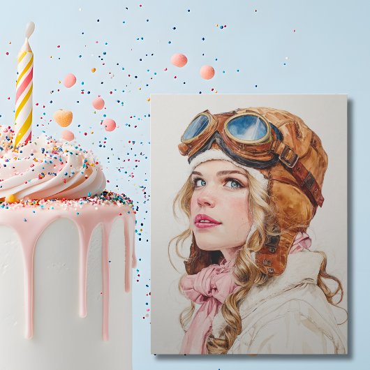 Girl Female Pilot Aviator Watercolor Fun Birthday  ポストカード