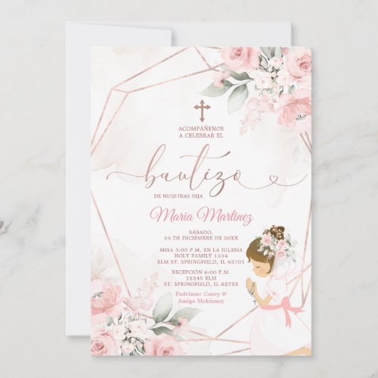 Girl Fiesta Rose Gold Mexican Bautizo Pink Floral 招待状 (正面)