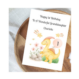 Girl First Birthday Pink Yellow Dinosaur Card カード