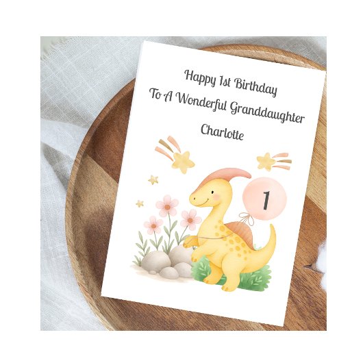 Girl First Birthday Pink Yellow Dinosaur Card カード
