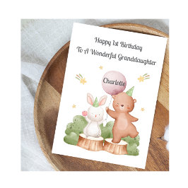 Girl First Birthday Woodland Rabbit Bear Card カード