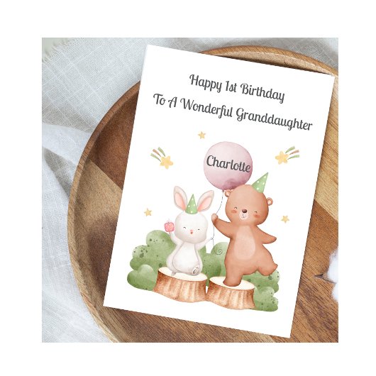 Girl First Birthday Woodland Rabbit Bear Card カード