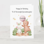 Girl First Birthday Woodland Rabbit Bear Card カード (正面)