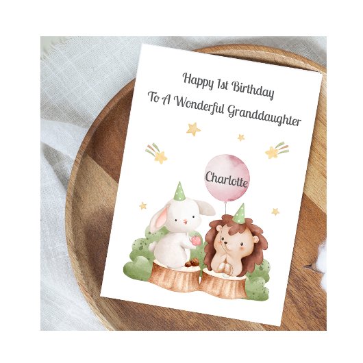 Girl First Birthday Woodland Rabbit Hedgehog Card カード