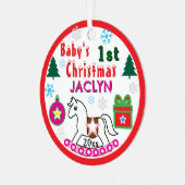 Girl First Christmas Peace White Rocking Horse メタルオーナメント (正面左)