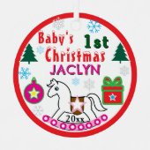 Girl First Christmas Peace White Rocking Horse メタルオーナメント (正面)