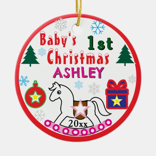 Girl First Christmas PHOTO White Horse  セラミックオーナメント (正面)