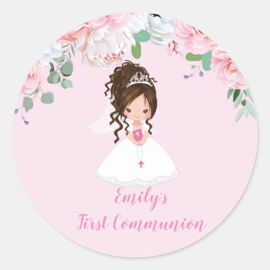 Girl First Communionのシール付きブルネットUpdo ラウンドシール (正面)