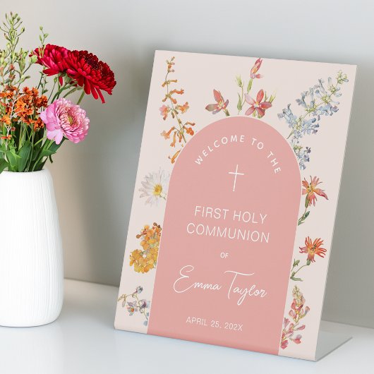 Girl First Communion Pink Arch Floral Wildflowers 台座サイン