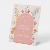 Girl First Communion Pink Arch Floral Wildflowers 台座サイン (正面)