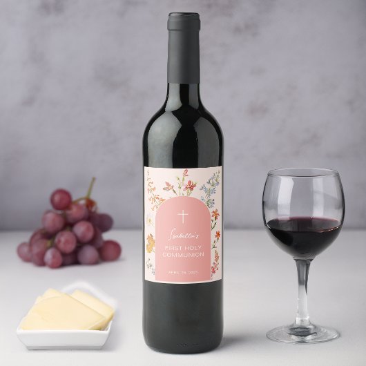 Girl First Communion Pink Arch Wildflowers Floral  ワインラベル
