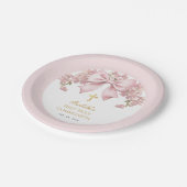 Girl First Communion Pink Bow Floral & Gold Cross ペーパープレート (アングル)