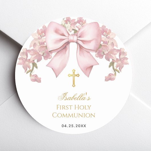 Girl First Communion Pink Bow & Gold Cross Floral  ラウンドシール