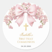 Girl First Communion Pink Bow & Gold Cross Floral  ラウンドシール (正面)