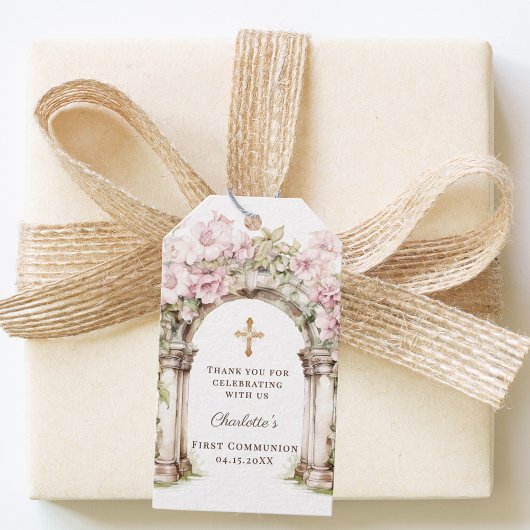 Girl First Communion Pink Florals Arch Cross ギフトタグ