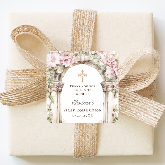 Girl First Communion Pink Florals Arch Cross スクエアシール