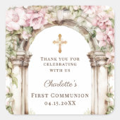 Girl First Communion Pink Florals Arch Cross スクエアシール (正面)