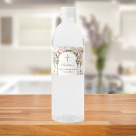 Girl First Communion Pink Florals Arch Cross ペットボトルラベル