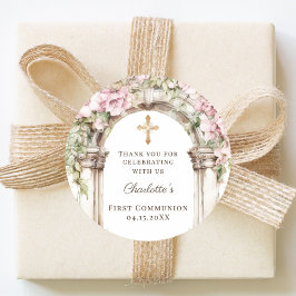 Girl First Communion Pink Florals Arch Cross ラウンドシール