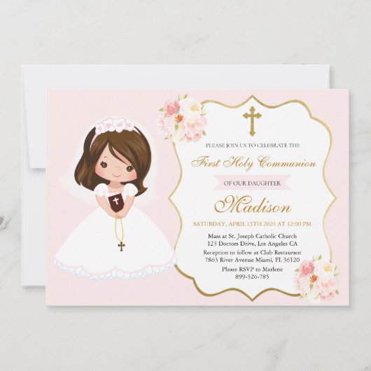 Girl First Holy Communion Invitation Elegant Cute 招待状 (正面)