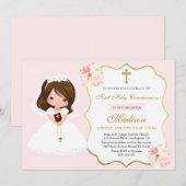 Girl First Holy Communion Invitation Elegant Cute 招待状 (正面/裏面)