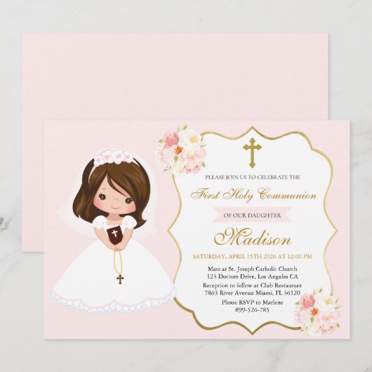 Girl First Holy Communion Invitation Elegant Cute 招待状 (正面/裏面)