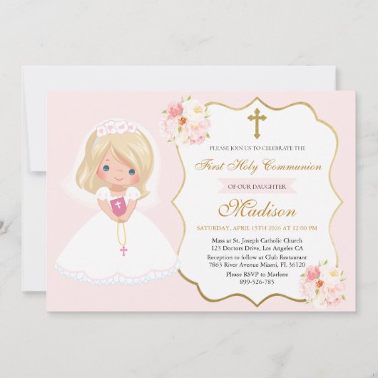 Girl First Holy Communion Invitation Soft Pink 招待状 (正面)