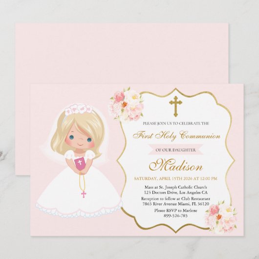 Girl First Holy Communion Invitation Soft Pink 招待状 (正面/裏面)