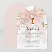 Girl First Holy Communion Pink Bow Roses Arch 招待状 (正面/裏面)