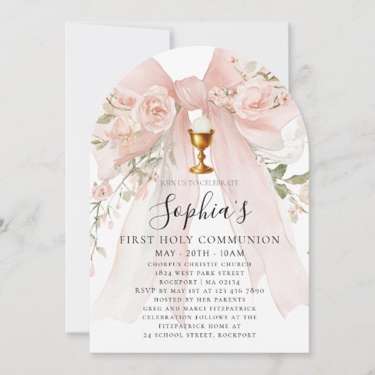 Girl First Holy Communion Pink Bow Roses Arch 招待状 (正面)
