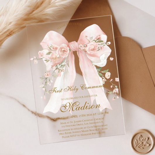 Girl Floral Bow First Holy Communion アクリル招待状