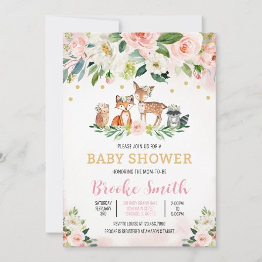 Girl Floral Woodland Baby Shower 招待状 (正面)