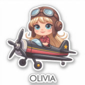 Girl Flying Airplane cute cartoon Personalized シール (正面)