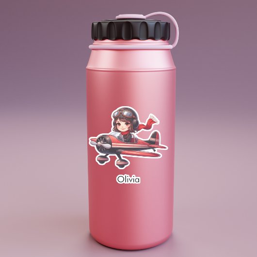 Girl Flying Airplane cute cartoon Personalized シール