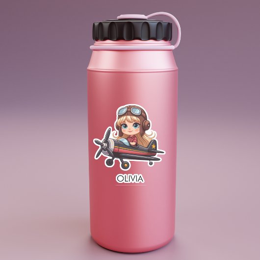 Girl Flying Airplane cute cartoon Personalized シール