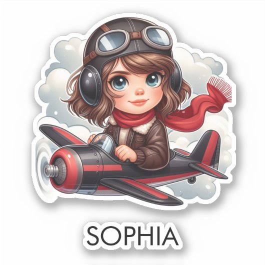 Girl Flying Airplane Cute Girly Kids Personalized シール (正面)