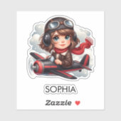 Girl Flying Airplane Cute Girly Kids Personalized シール (シート)