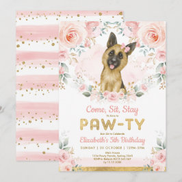 Girl German Shepherd Dogs誕生日Pink金ゴールドパーティー 招待状