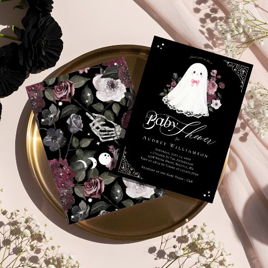 Girl Ghost Little Boo Floral Gothic Baby Shower 招待状