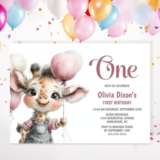 Girl Giraffe 1st Birthday Party Invitation 招待状