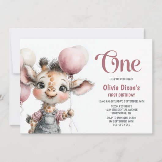 Girl Giraffe 1st Birthday Party Invitation 招待状 (正面)